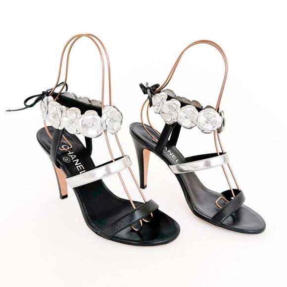 Chanel CC Camellia Tie Sandals EU 38.5 US 7.5-8 Black Leather Flower High Heel - Picture 1 of 14